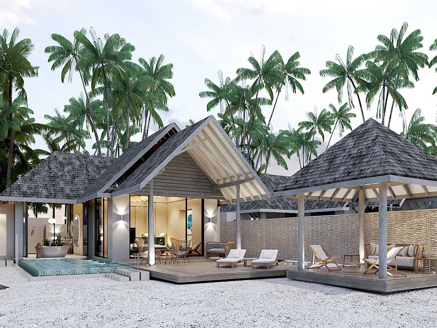 Exterior view of Deluxe Beach Pool Villas and palm trees in Ananea Madivaru Maldives