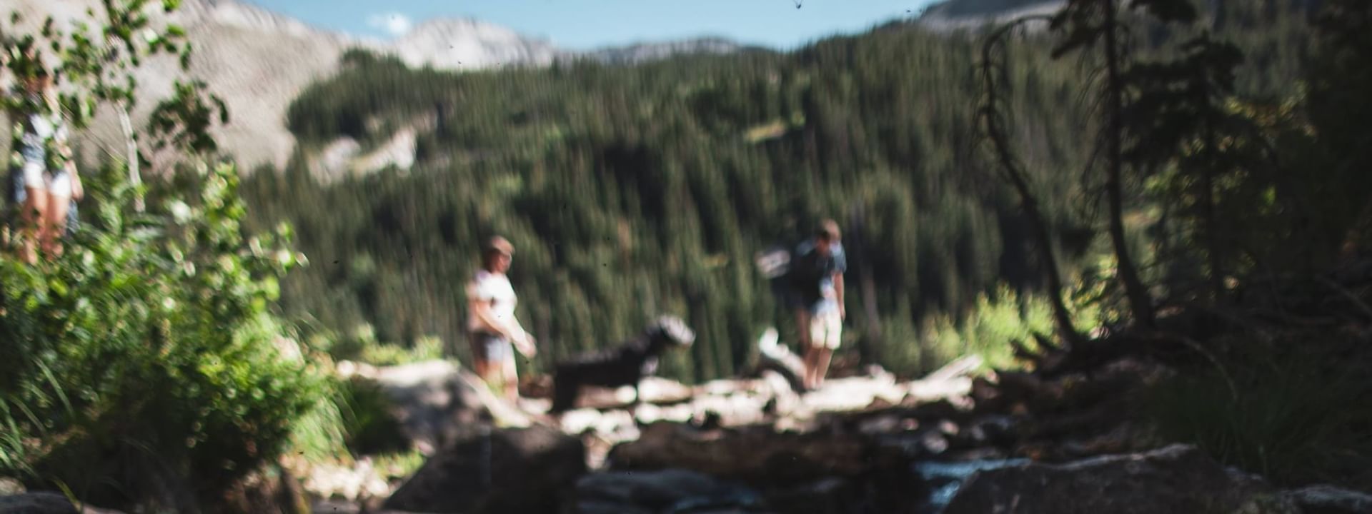 Landscape view of a couple & dog on a hike near Kinship Landing