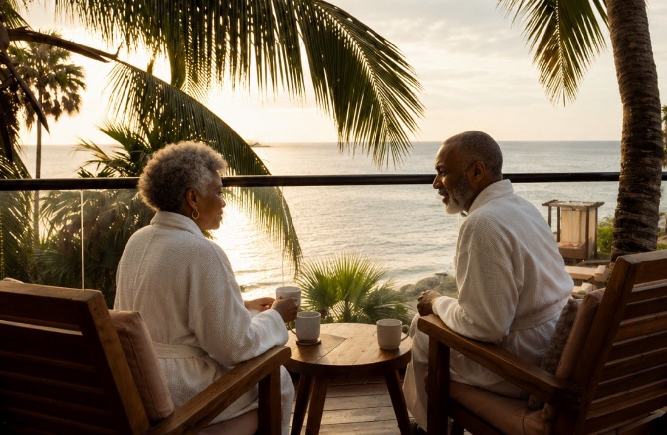 Couple sharing morning coffee on an oceanfront terrace at Mi Amor