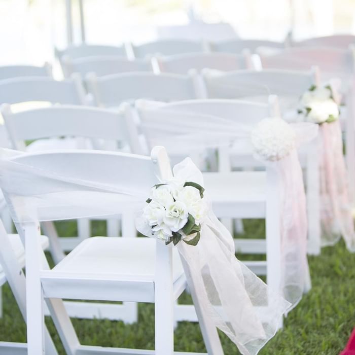 Rows of white chairs with ribbons and florals set outdoors for a wedding ceremony at Mercure Hotel Townsville