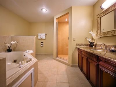 bathroom with bathtub, walking shower and vanity