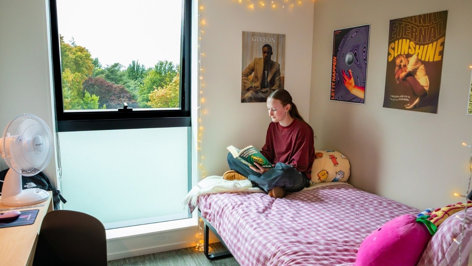 Student reading on bed in bright room with large window overlooking green trees and decorative posters on wall