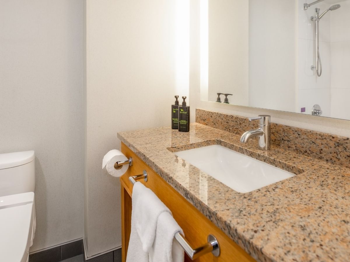 Modern bathroom with granite countertop, white sink, toilet, mirror, and shower visible in reflection.