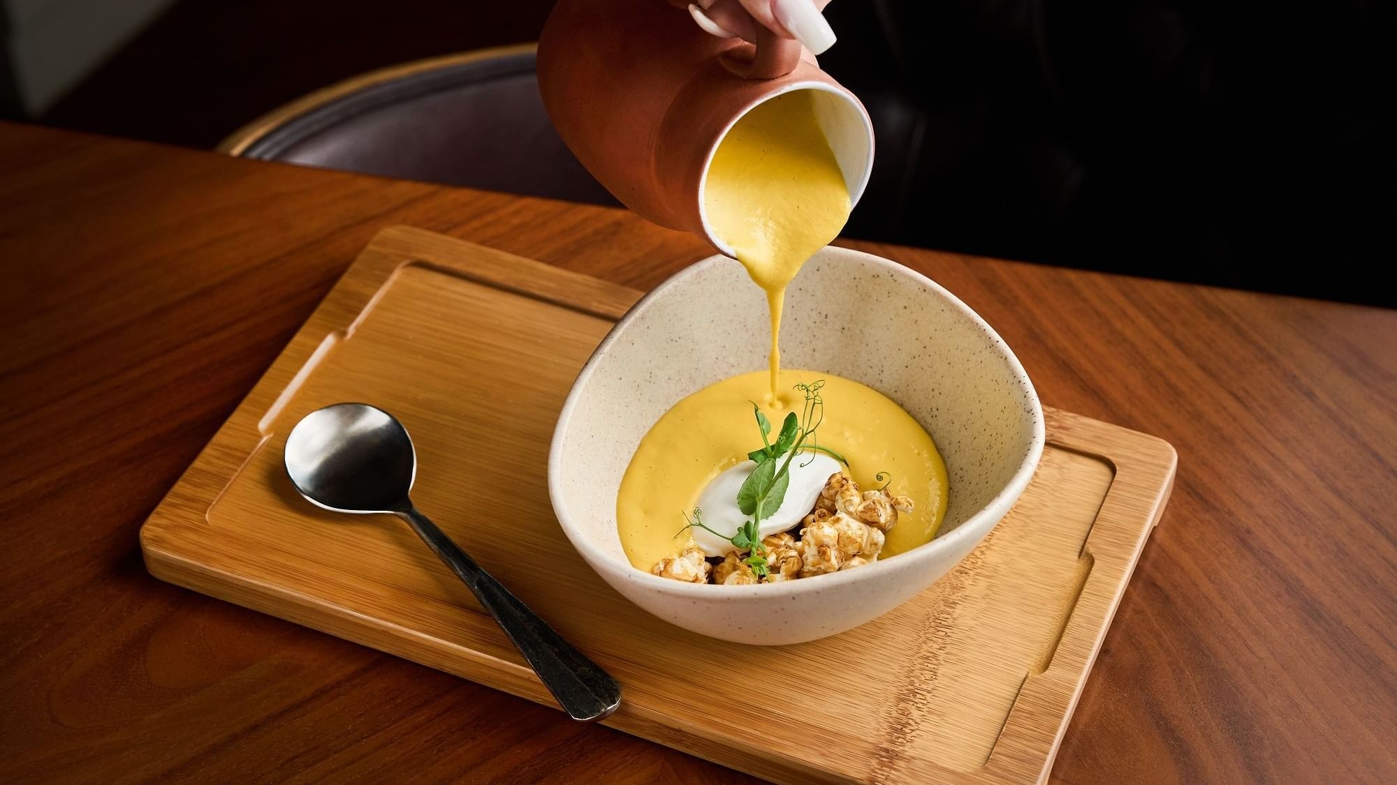 Butternut Rugosa soup served in Pacific Groove Restaurant & Lounge at Paramount Hotel Dubai