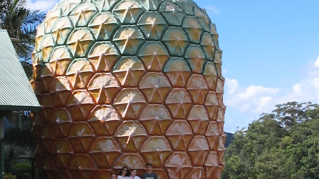 A family posing by the Big pineapple near Novotel Sunshine Coast Resort