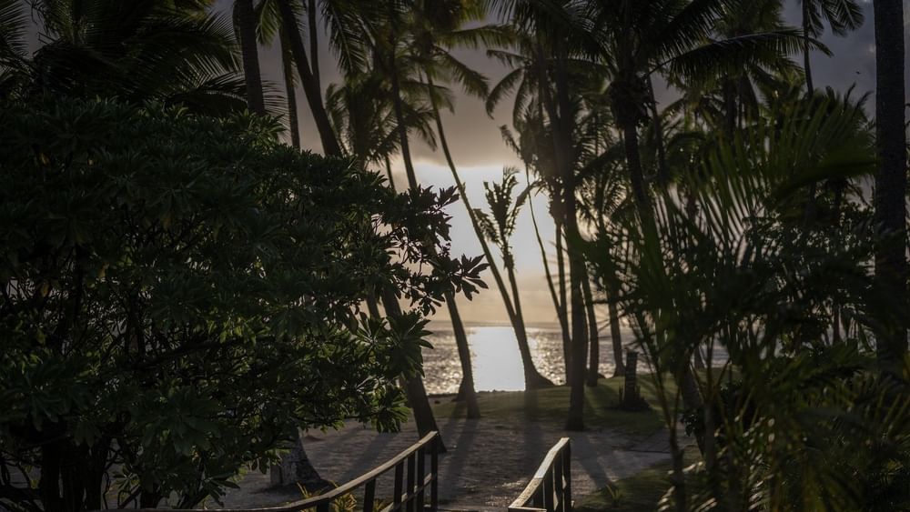 Wooden bridge leading to the private beach at Tambua Sands Beach Resort in Sigatoka, Fiji.