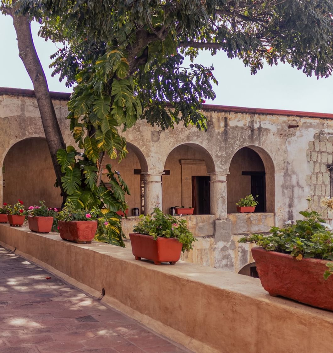 Corredor histórico del hotel con arcos de piedra y macetas rojas en una repisa en Quinta Real Oaxaca