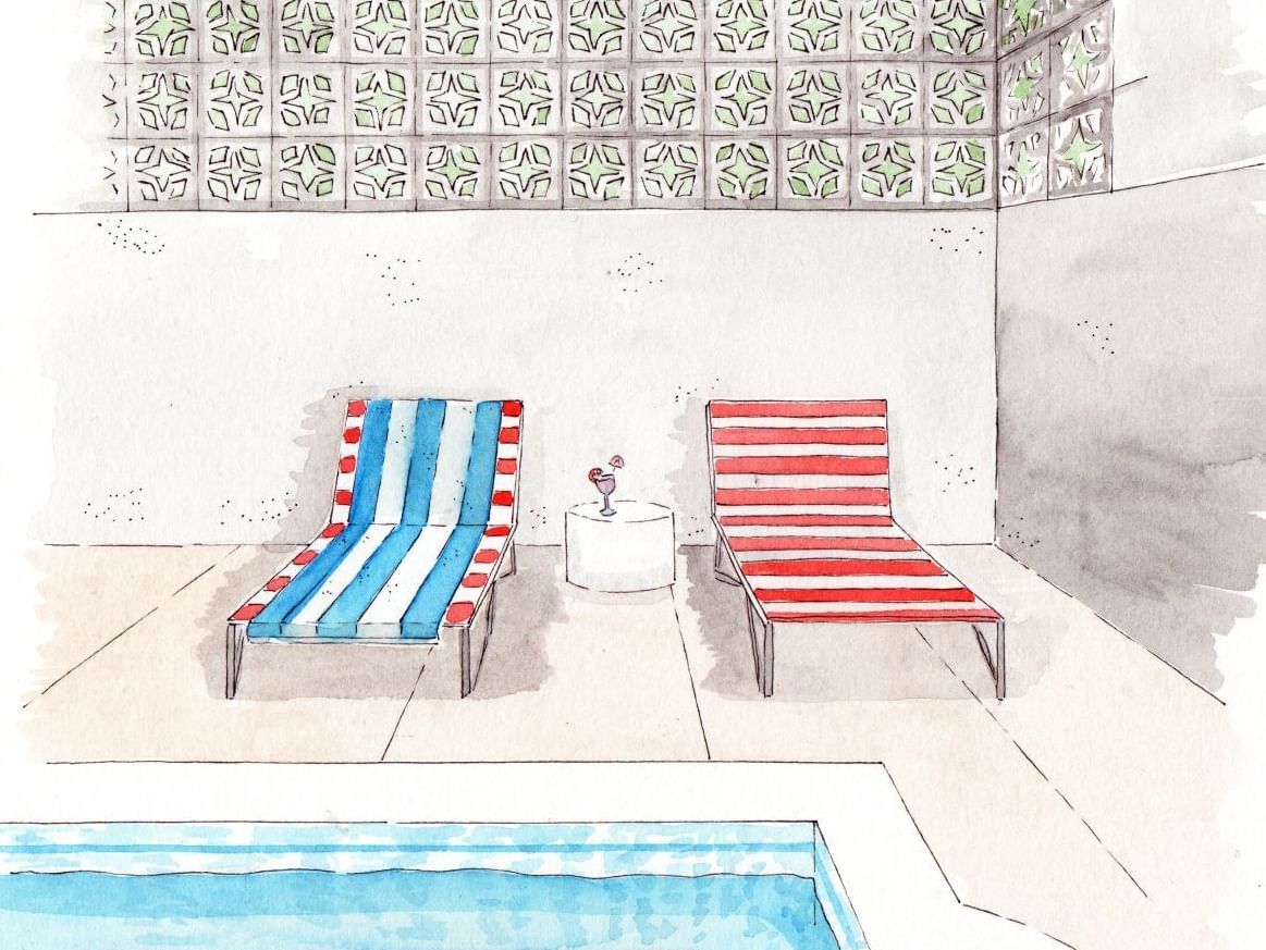 Sunbeds by the outdoor pool Illustration, Bardstown Motor Lodge.