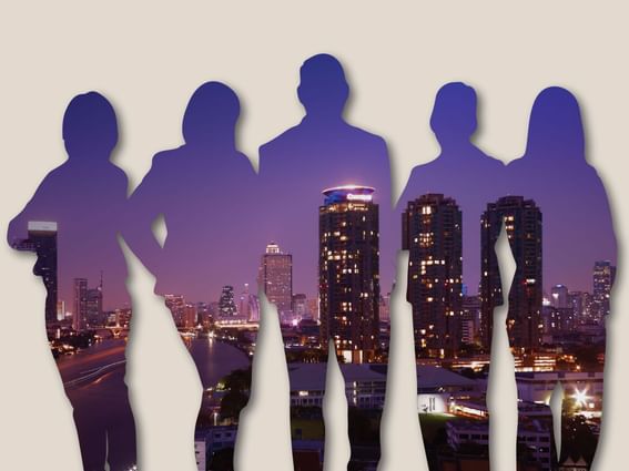 A background design with a group of people and night city view