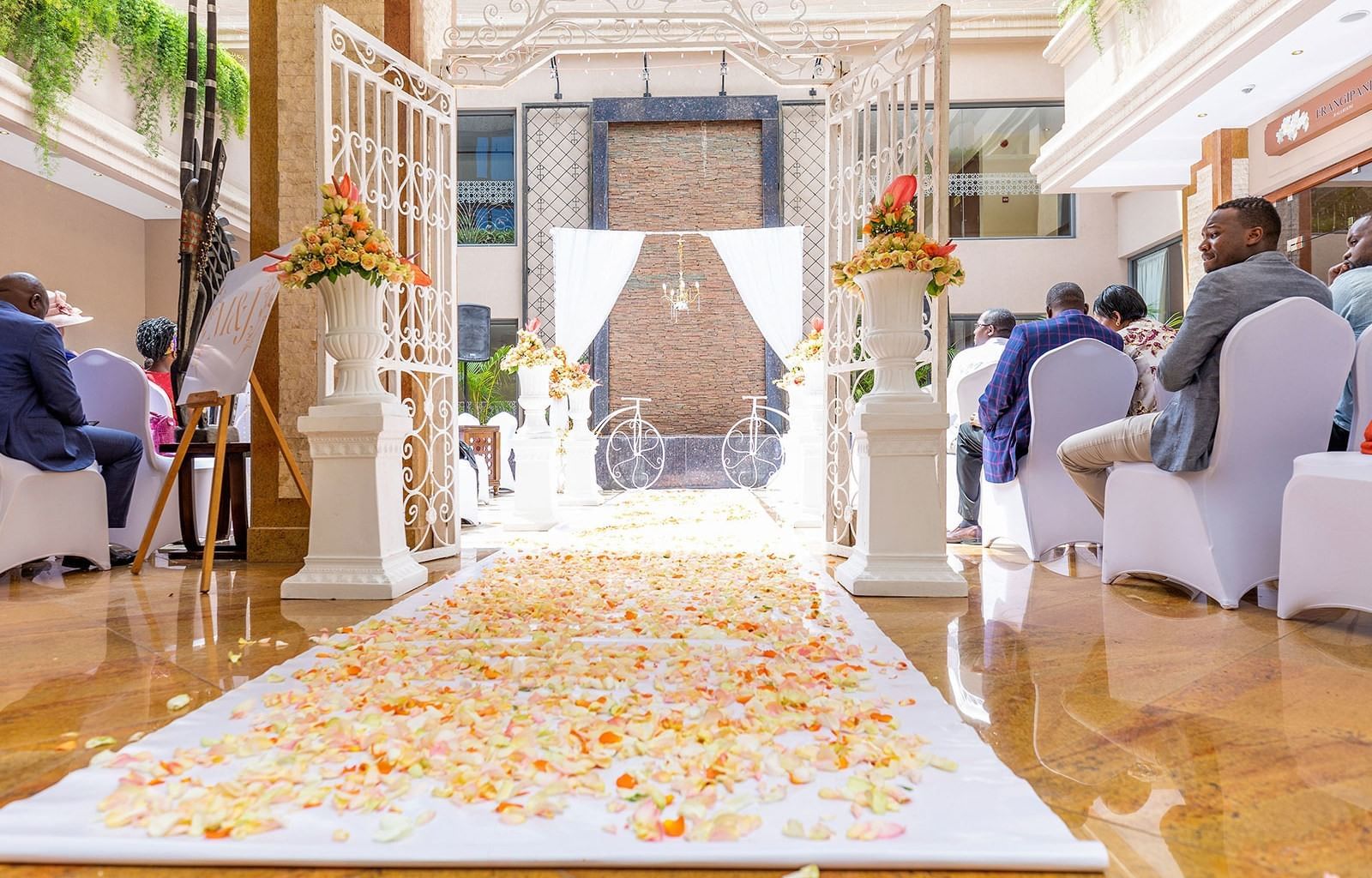 A Wedding aisle with flower petals at Nairobi Serena Hotel
