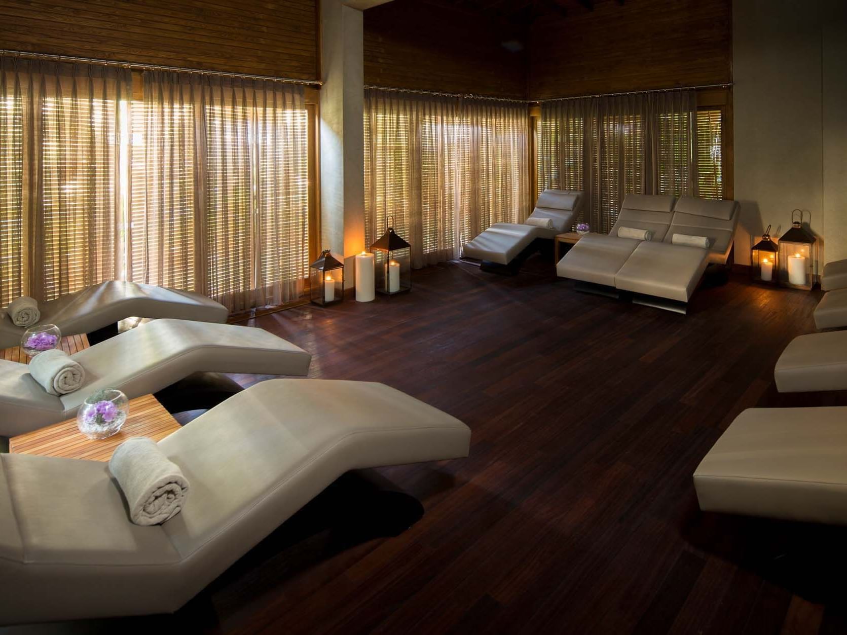 Dimly lit relaxation area of BeFine Spa at Titanic Deluxe Golf Belek