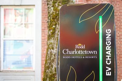 Electric vehicle charging station stands by a textured tree trunk under an open sky at Rodd Charlottetown Hotel