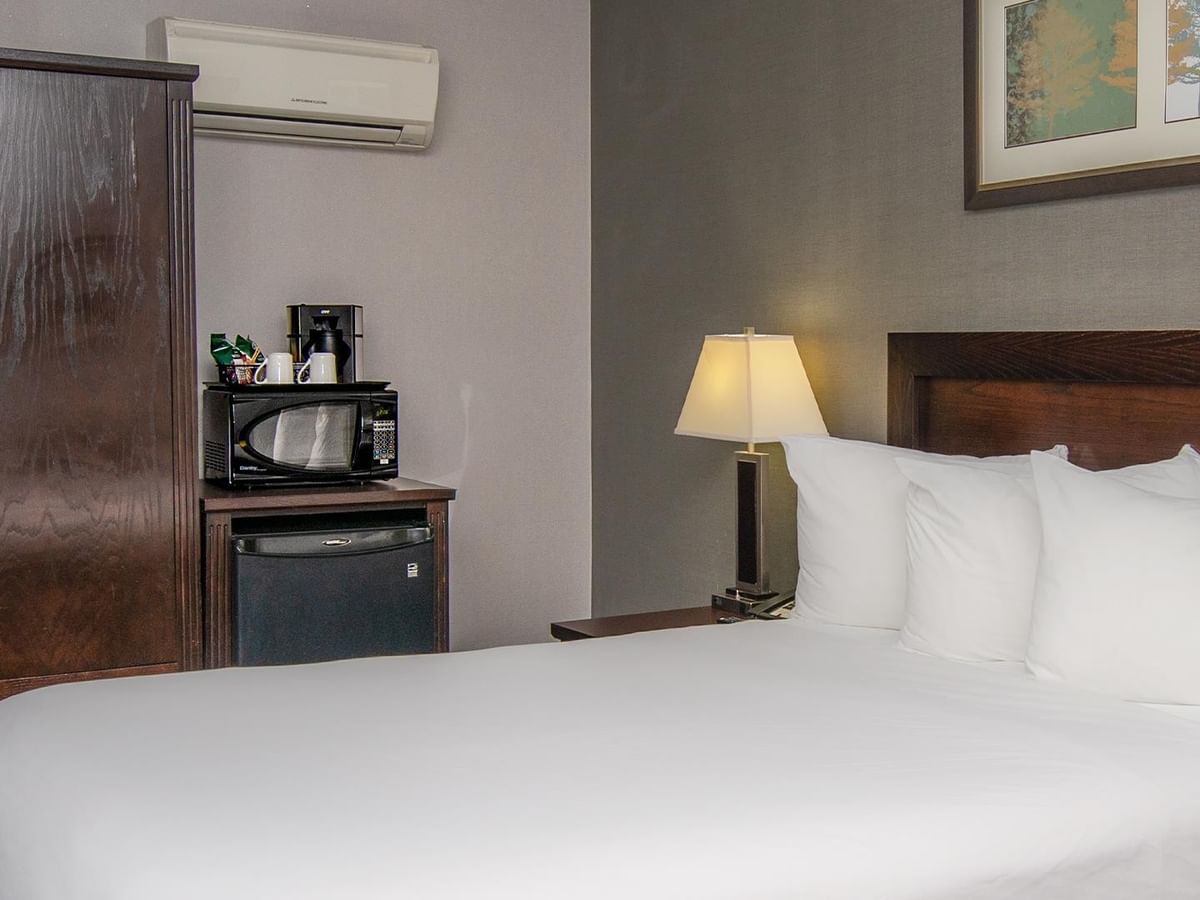 Room with bed, lamp, mini fridge, and microwave.