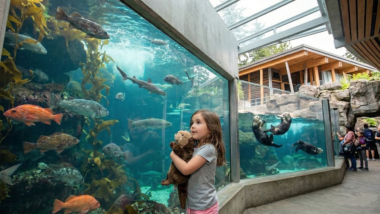 Young girl holding a stuffed animal while observing an aquarium full of marine life.