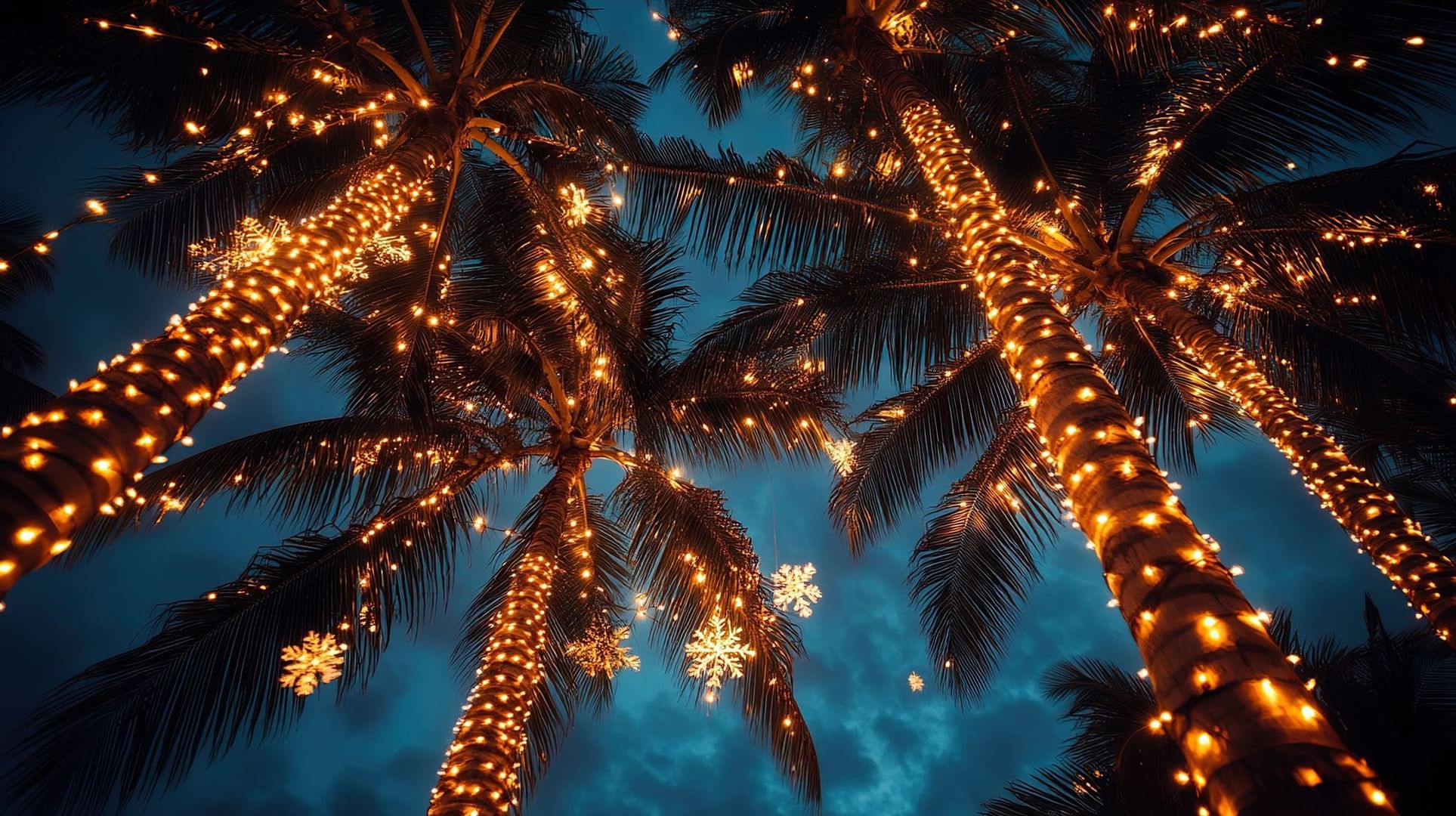 Palm trees wrapped in golden string lights against a twilight sky at Warwick Paradise Island Nassau Bahamas