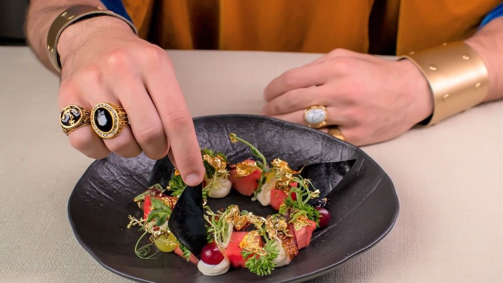 Close-up of The Golden Journey dish at Palazzo Versace Dubai