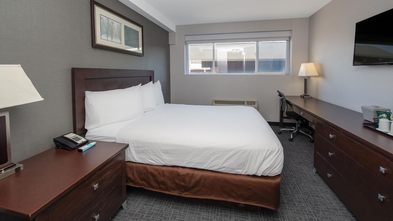 Comfortable bedroom with a double bed, desk, and modern amenities.