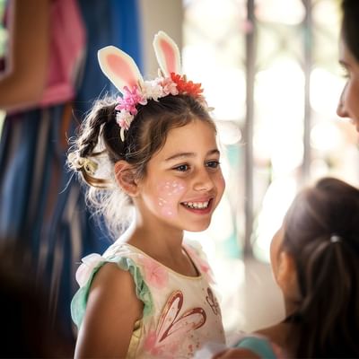 Bambina sorridente con orecchie di coniglio e fiori in testa, davanti ad altre persone.