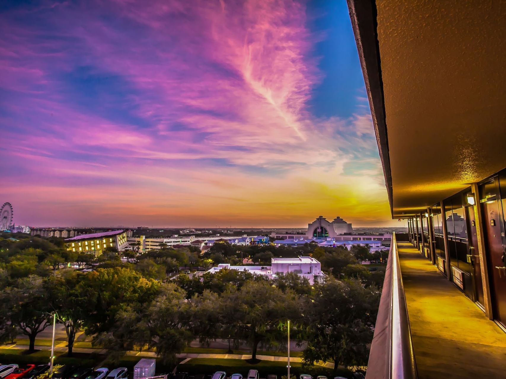 City view from a balcony at sunset at Rosen Inn at Pointe Orlando