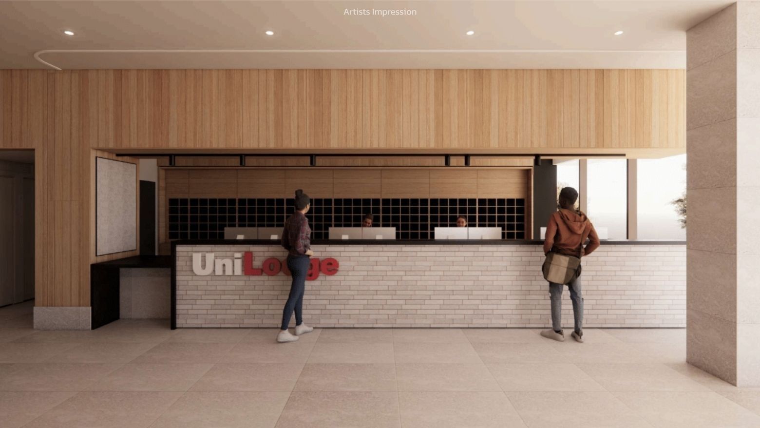 Two guests stand at UniLodge Brisbane City reception in an artist's impression.