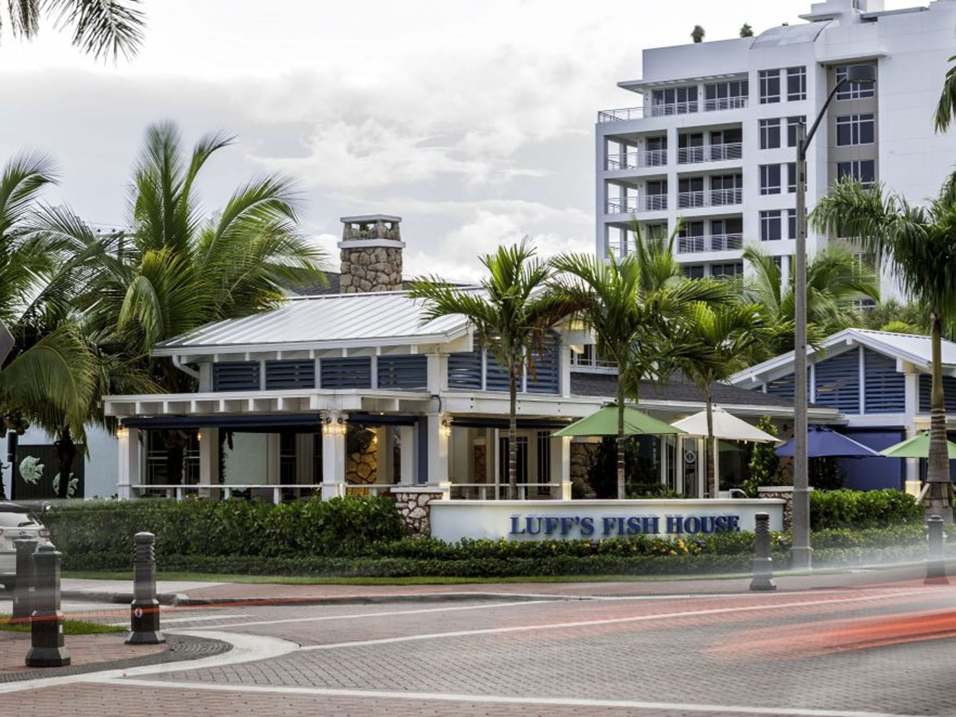 Street & exterior view of the Luff's Fish House near Ocean Lodge Boca Raton