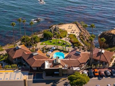 Aerial view of hotel ocean and pool