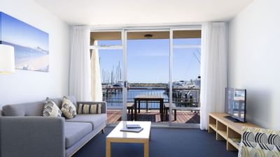 Living area in an apartment at Be Fremantle