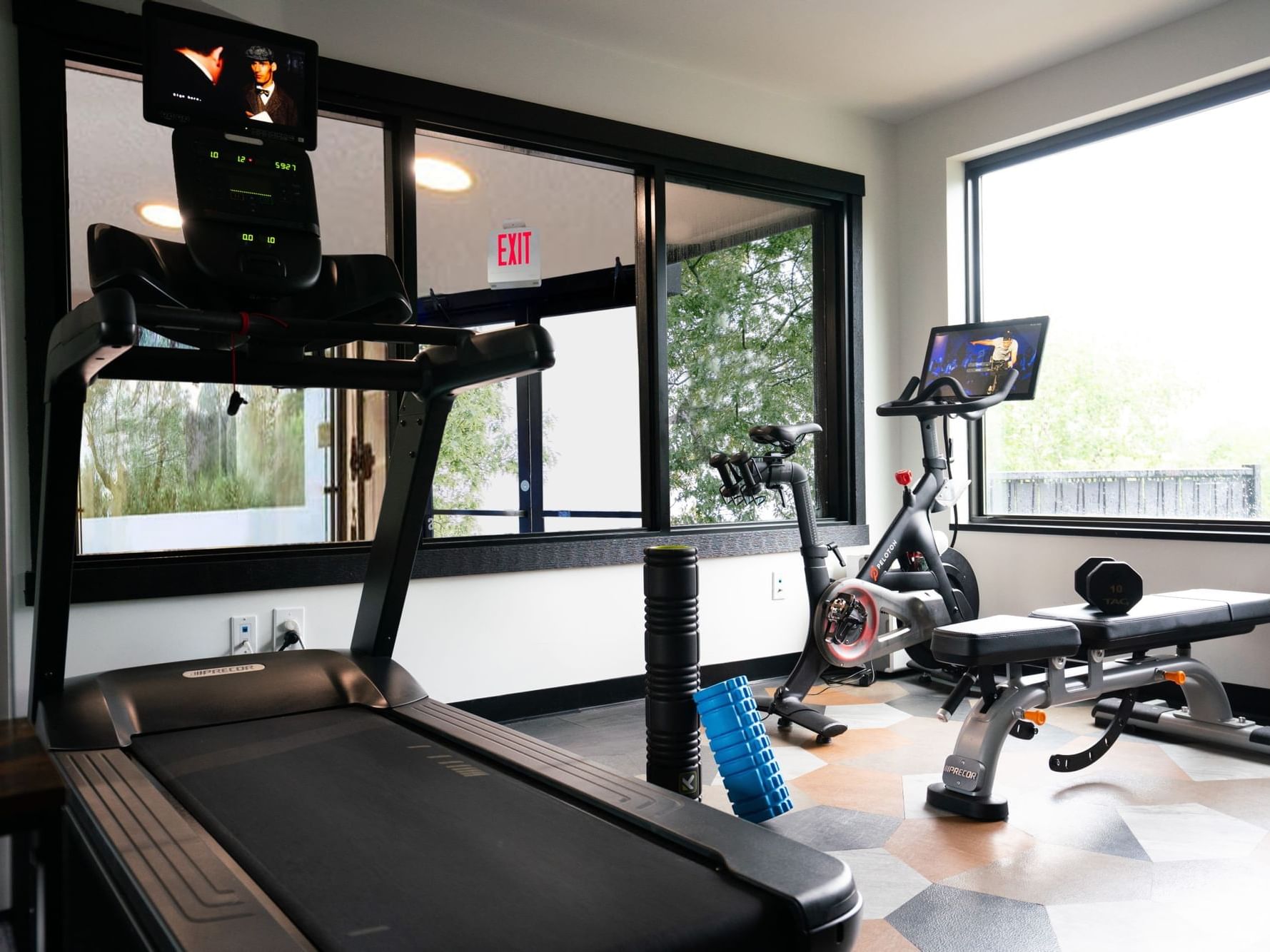 Peloton bike, Precor treadmill in the fitness center at The Earl of Charlevoix