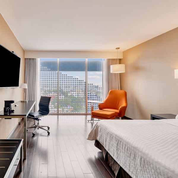 Work desk & city view in Accessible Room at Fiesta Inn