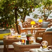 Closeup of outdoor patios at the restaurant in Marbella Club