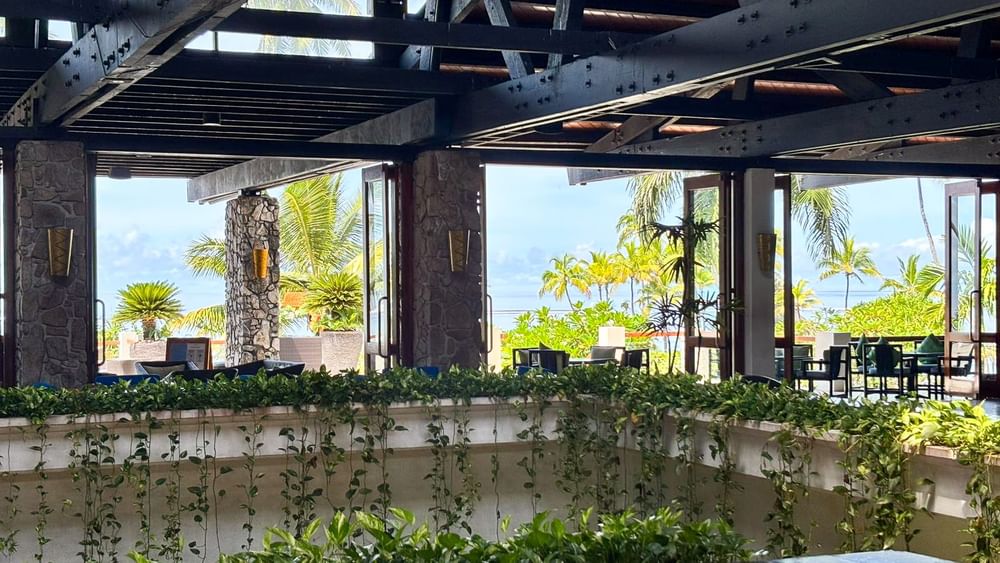View of the Sunset Terrace Bar with ocean view at Warwick Fiji Resort and Spa in Korolevu.