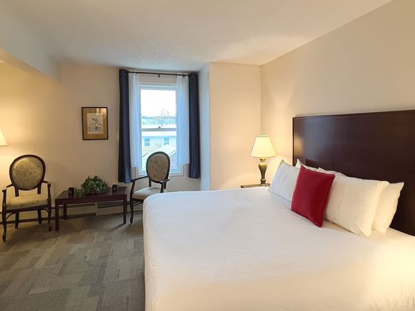 Bedroom suite with bed, window, chair, tv, minifridge, and table