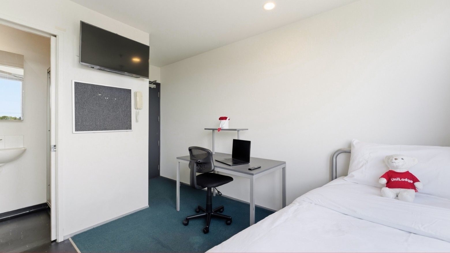 A tidy room with a bed, desk, laptop, and bear mascot at Student Living Auckland – Anzac.