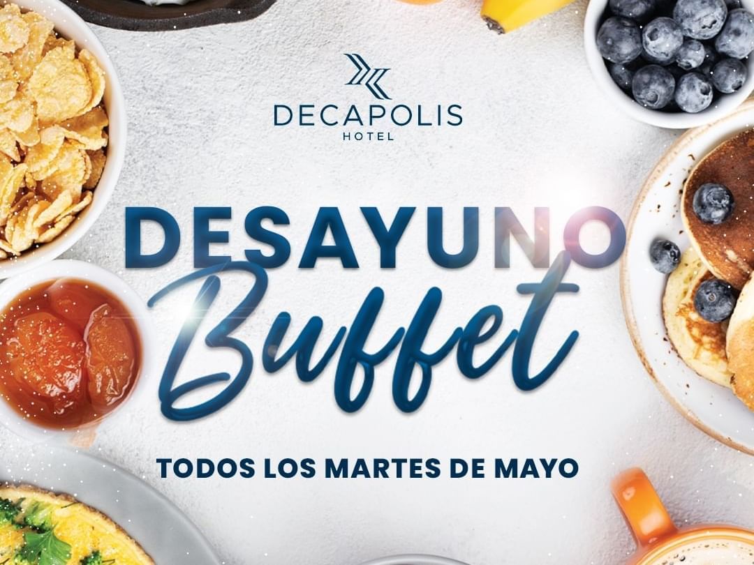 Poster advertising Decaplis Hotel's buffet with various food items and the text
