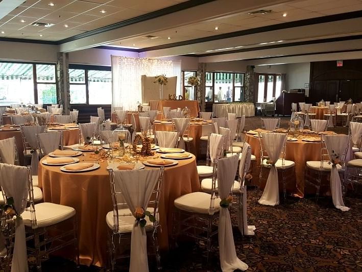 A Banquet table setup in Riviera at Hotel Mont Gabriel Resort