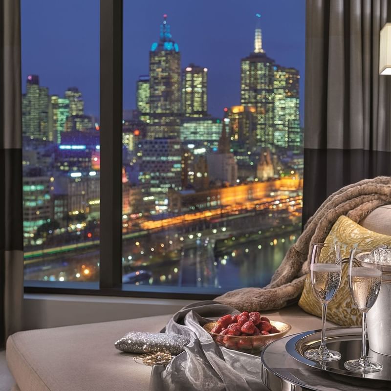 Strawberry bowl & champagne in a Room at Crown Towers Melbourne