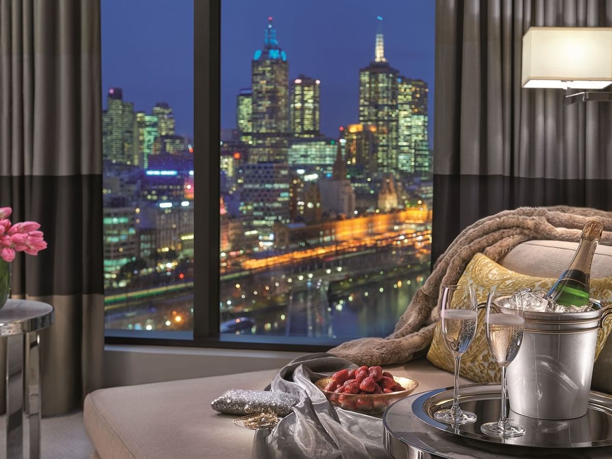 Strawberry bowl & champagne in a Room at Crown Towers Melbourne