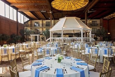 Dining set-up at Courtyard Wedding venue at Boxboro Regency