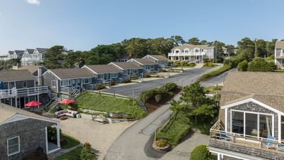 Panoramic view of the resort buildings with the outdoor garden area at Chatham Tides Resort