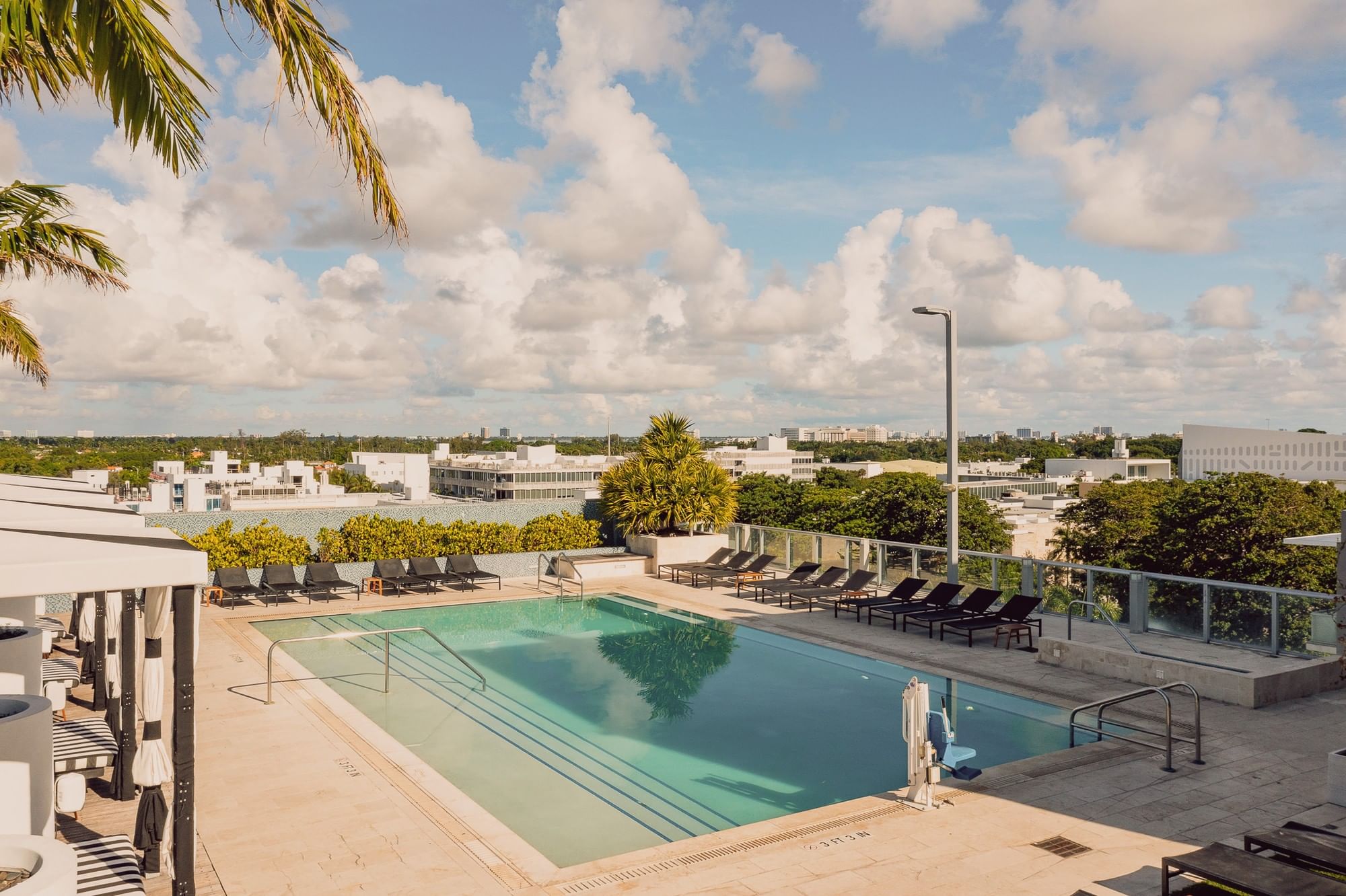 A rooftop pool with lounge chairs and a city view under a cloudy sky.