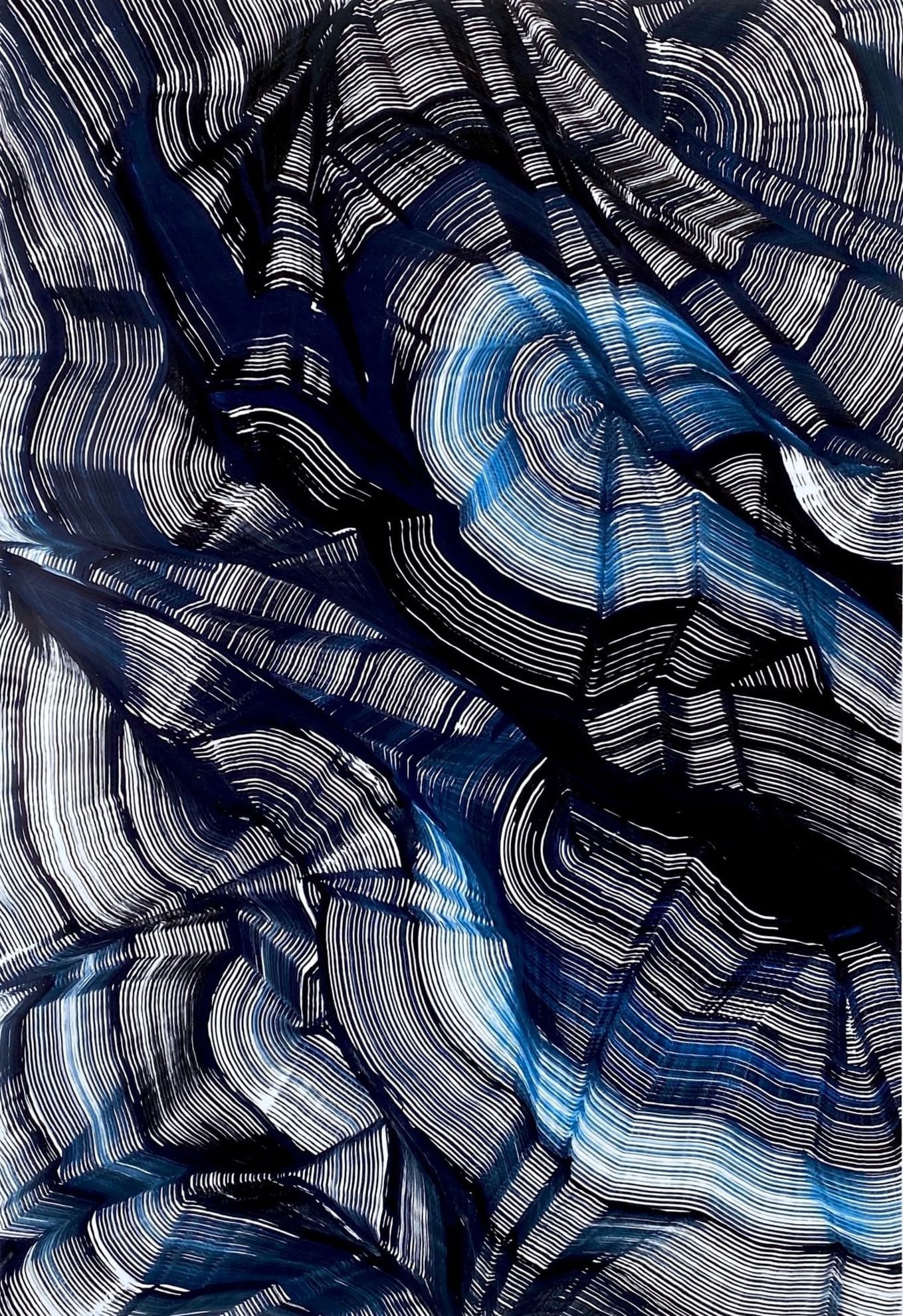 Abstract painting with intertwining black and blue wavy lines on a white background used at Almanac Palais Vienna