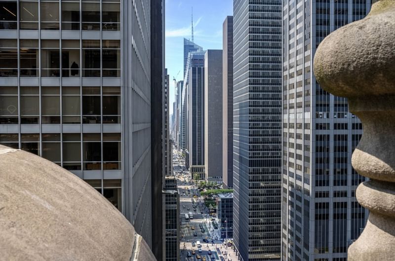 Aerial view of Manhattan skyscrapers and city streets near Warwick New York hotel