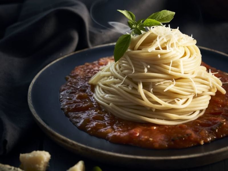 Close-up of a hot spaghetti dish served at Gamma Hotels