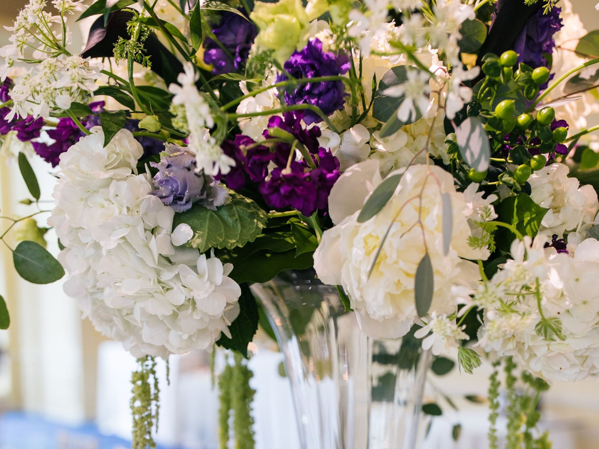 white floral arrangements in the wharf room