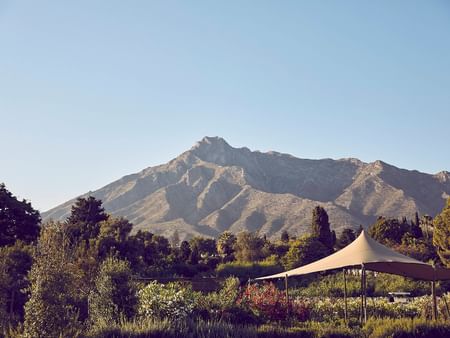 Hermosa vista de montañas y vegetación con una carpa para senderismo. Vista de la montaña de La Concha en Marbella.