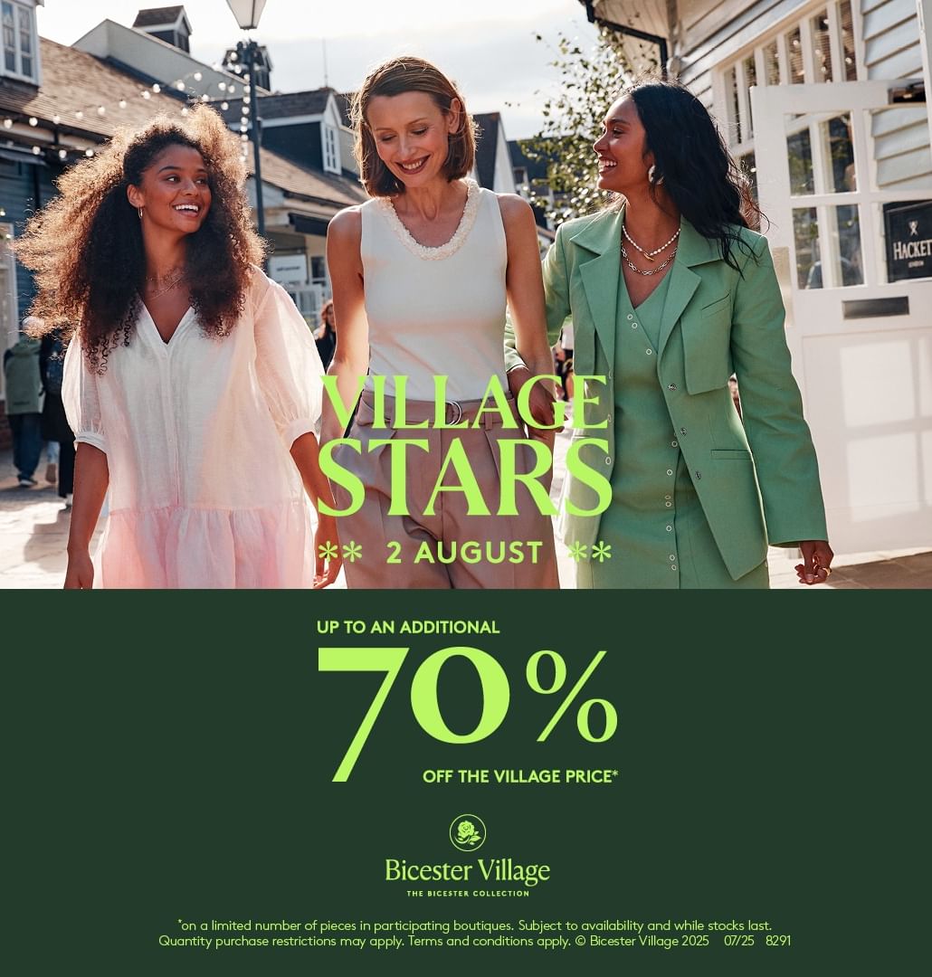 Promotional poster for Bicester Village highlighting 70% OFF offer for village stars used at The Londoner Hotel