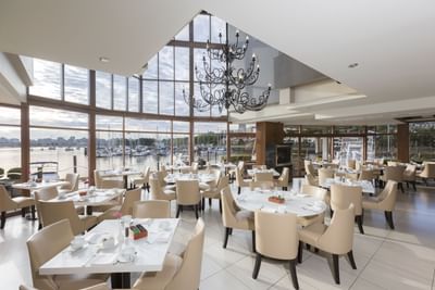 The dockside restaurant dining room at Granville Island Hotel