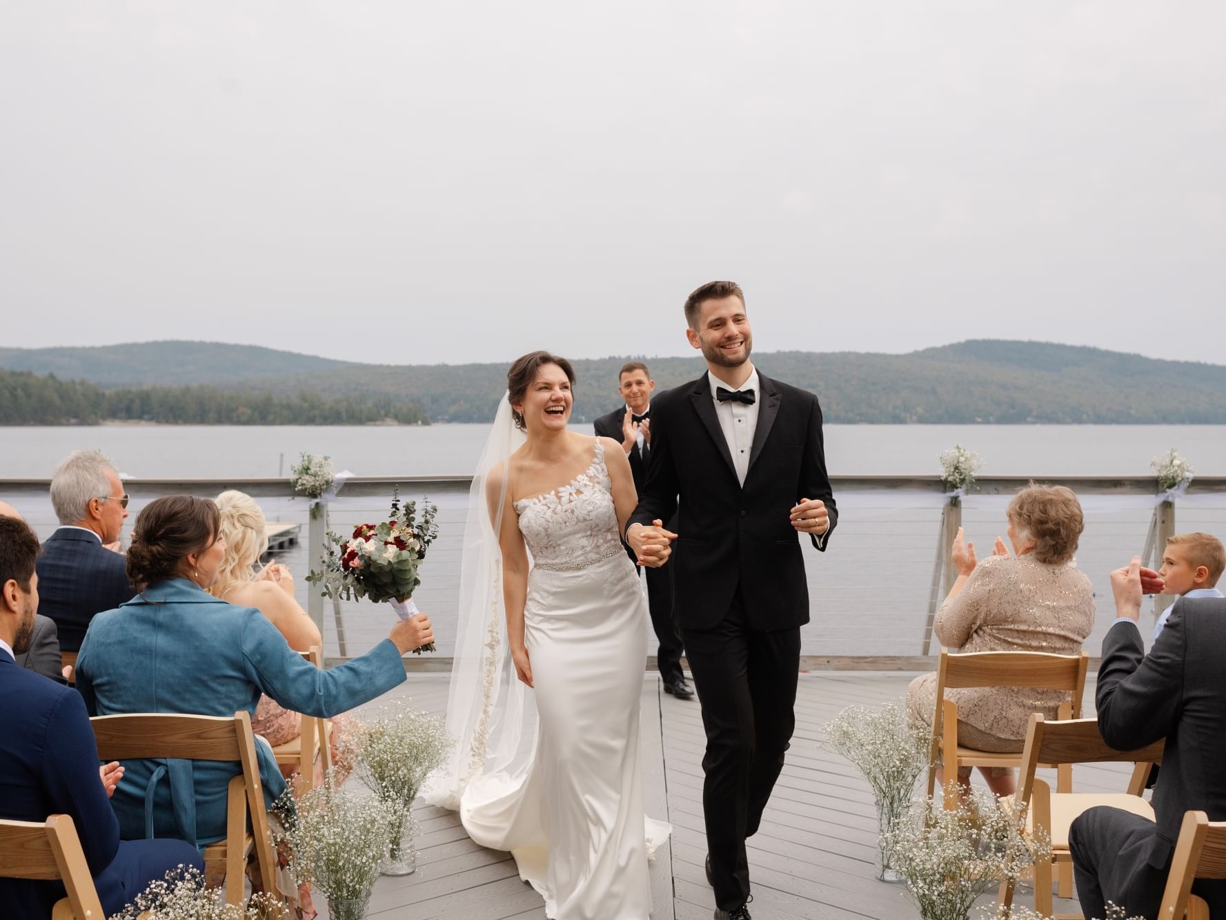 Pier Lake Backdrop Wedding Ceremony Adirondacks Waterfront Hotel