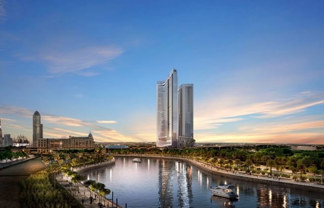 Aerial view of DAMAC Maison AYKON City with lake which is one of the luxury resorts in Dubai