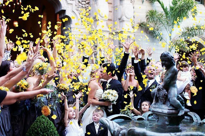 wedding party throwing yellow rose petals in the air